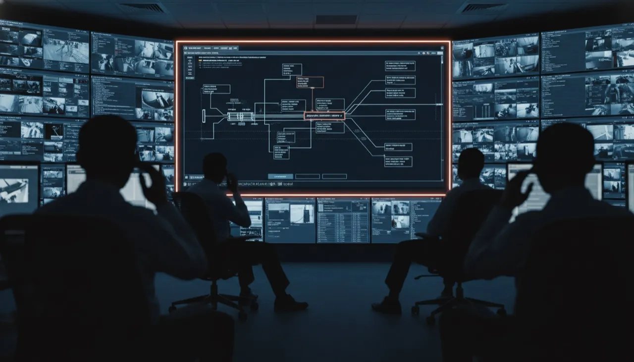 A live alert highlighted on the command-centre video wall