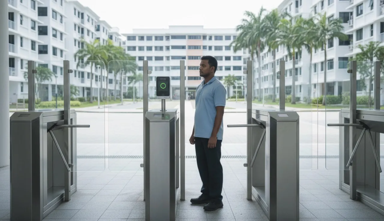 Resident clearing a biometric turnstile gantry at a Singapore dormitory