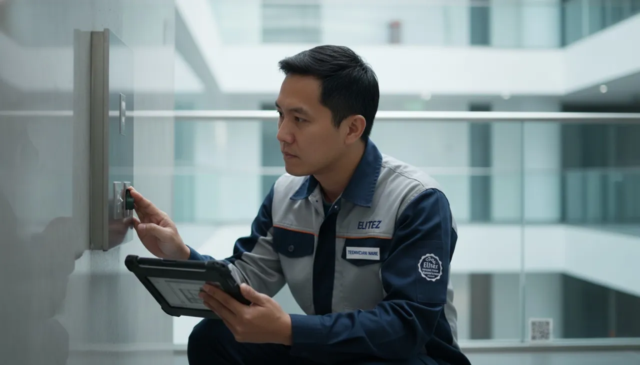 Building-maintenance technician inspecting building fabric