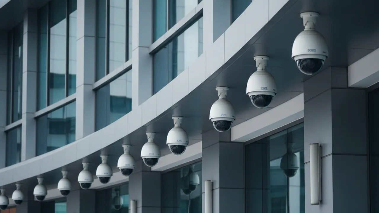 A row of PTZ dome cameras on a Singapore commercial building with one camera panned to a different angle