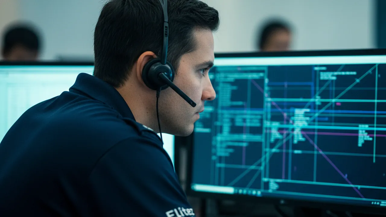 An operations officer with a headset analysing a single screen at a control console